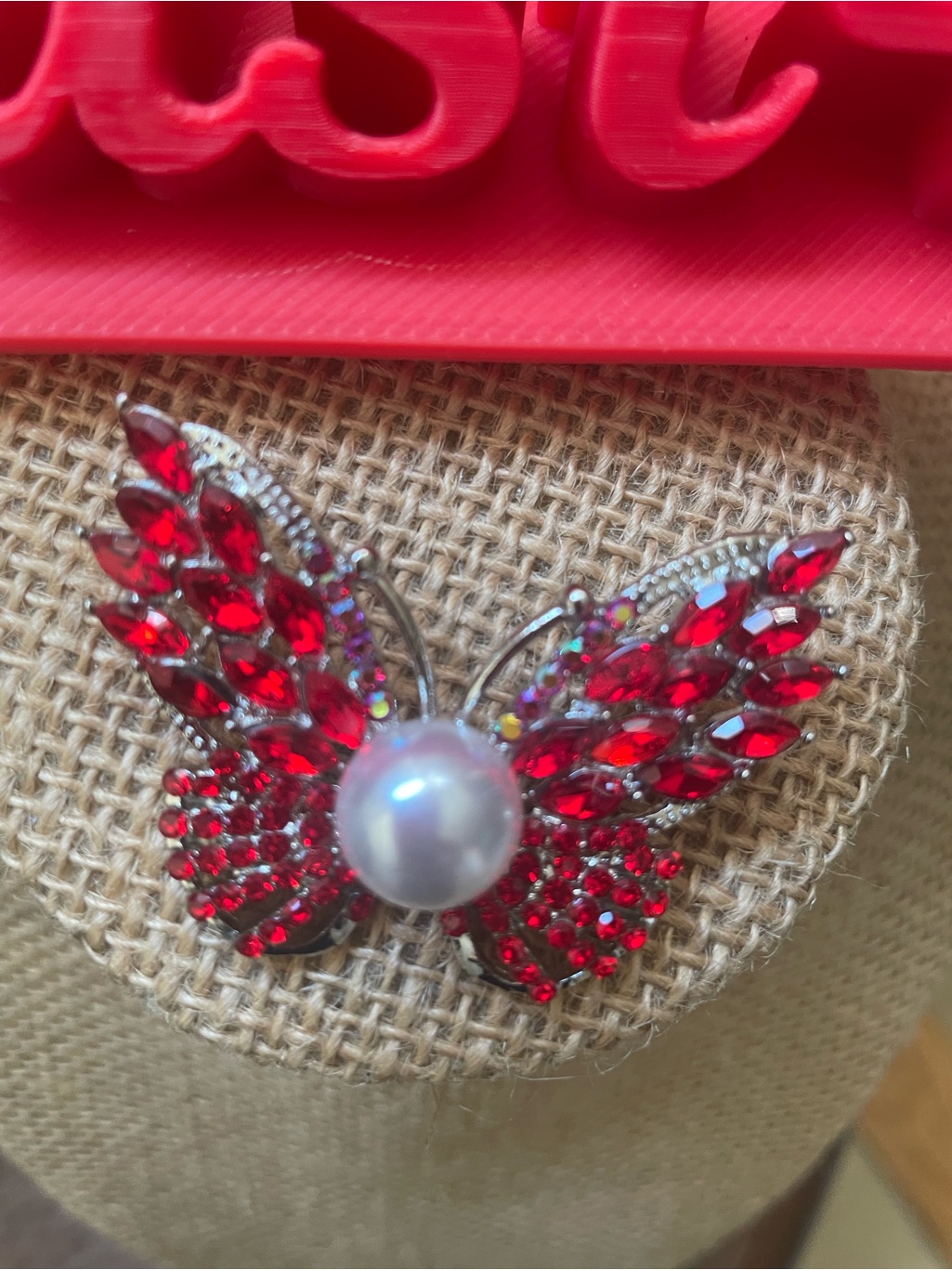 Red Crystal Butterfly Brooch With Pearl Accent